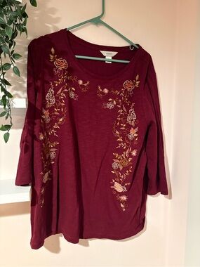 CJ Banks Burgundy Embroidered Scoop Neck Womens Top